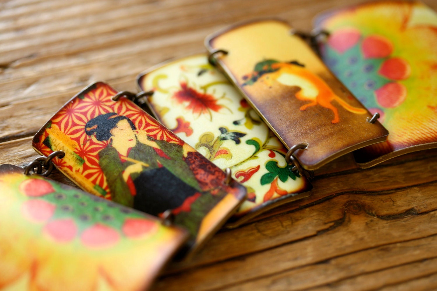 Asian Art Geisha and Fox Link Charm Bracelet