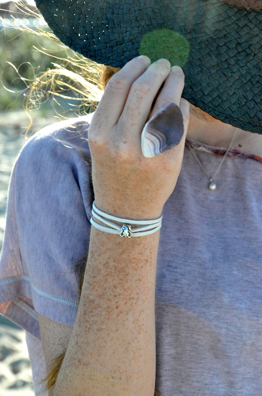 Lucky Elephant Leather Wrap Bracelet pearl white leather silver elephant bead bohemian beach jewelry