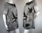 Silk A-line dress, tunic, top with black crows, jackdaws Size M ready to ship