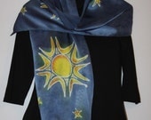 Handpainted Silk Scarf   Sun and Stars    Midnight Blue - ShawnjeanneOriginals