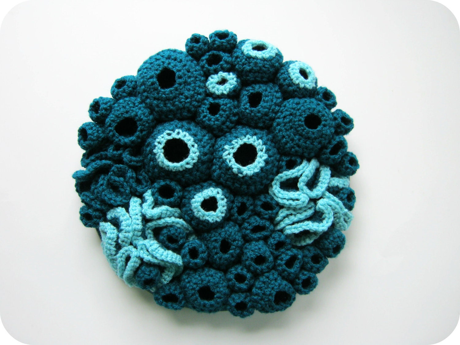 Contemporary Crochet Wall Art Soft Sculpture in Deep Teal - Tide Pool - cornflowerbluestudio