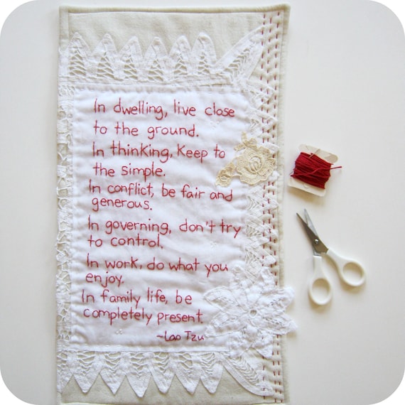 Vintage Inspired Hand Embroidered Mini Art Quilt - Lao Tzu Quote