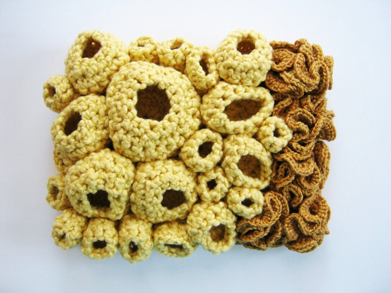 Modern Textile Wall Art Free Form Crochet in Gold and Yellow - Cluster