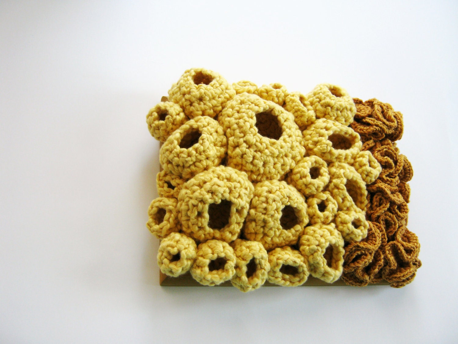 Modern Textile Wall Art Free Form Crochet in Gold and Yellow - Cluster