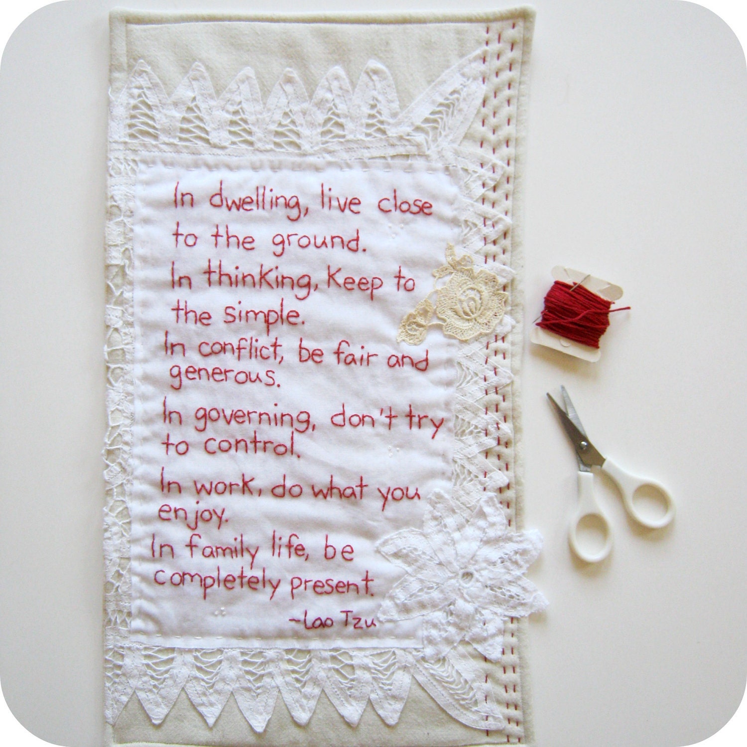 Vintage Inspired Hand Embroidered Mini Art Quilt - Lao Tzu Quote