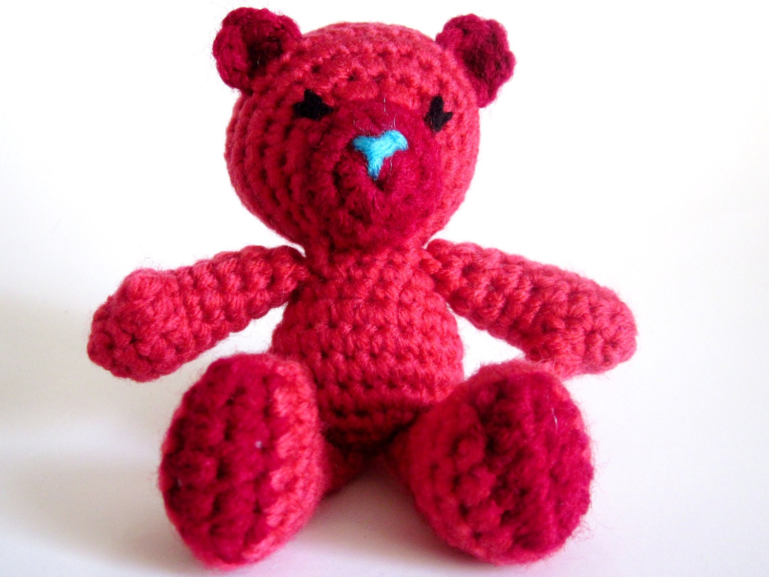 Animal Amigurumi: Teddy Bear Toy in Honeysuckle Pink, Deep Red, and Bright Blue Washable Yarn - Crocheted, Designed by The Silver Hook