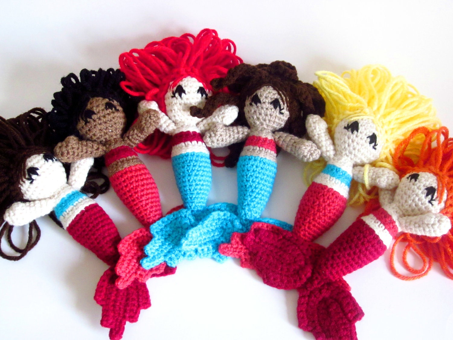 Waldorf Doll: Brown Skin Mermaid Amigurumi RATTLE with Short Black Hair, Red Top, Pink Fins - Handmade and Crocheted by The Silver Hook