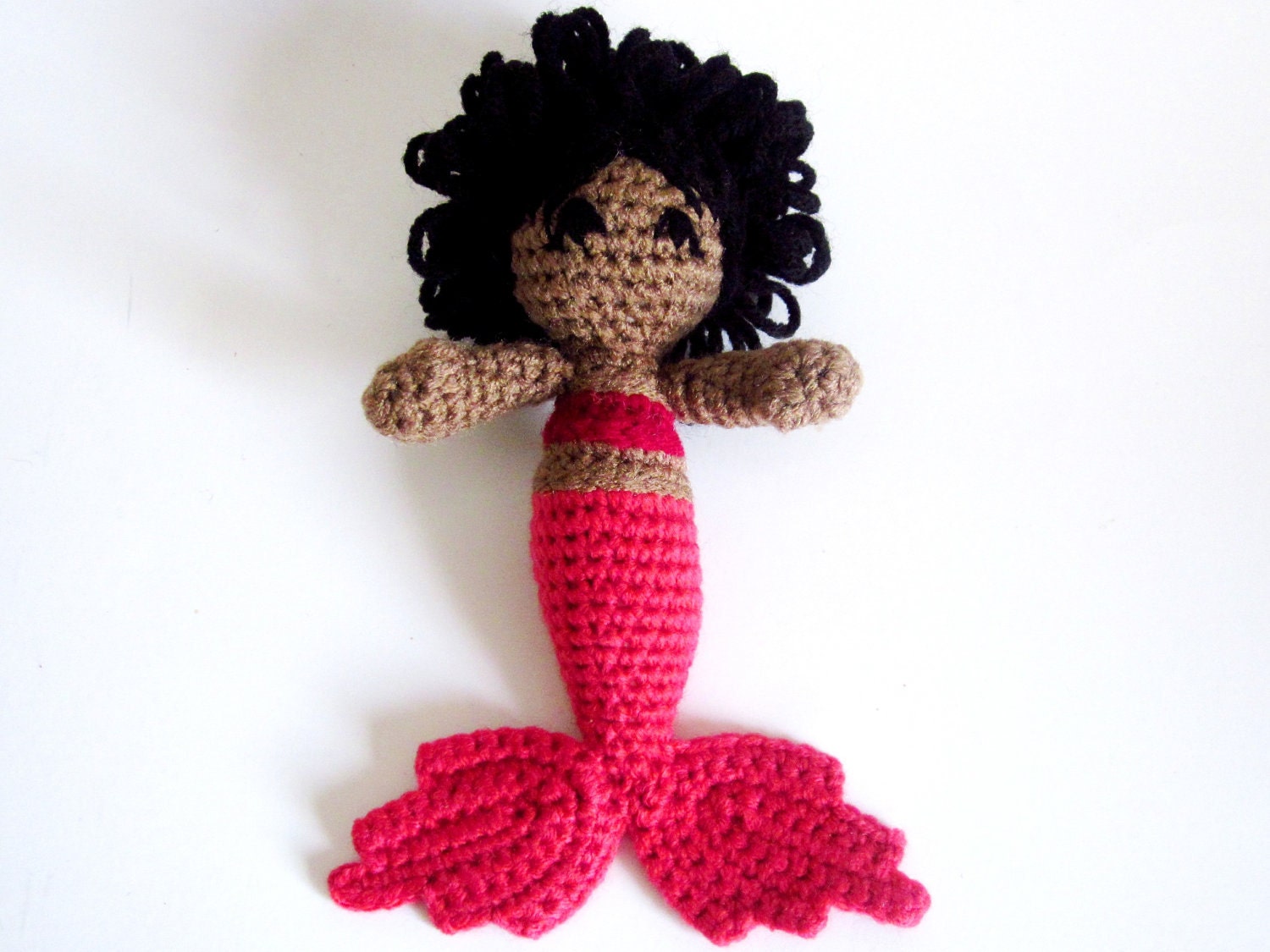 Waldorf Doll: Brown Skin Mermaid Amigurumi RATTLE with Short Black Hair, Red Top, Pink Fins - Handmade and Crocheted by The Silver Hook