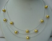 Three Stranded Rich Lemon Yellow Floating Pearl Necklace and Earrings Set