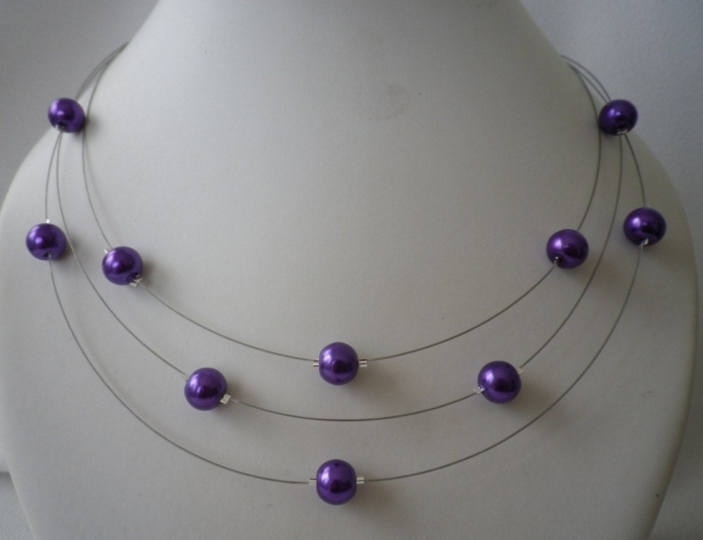 Three Stranded Amethyst Purple Floating Pearls Necklace and Earrings Set