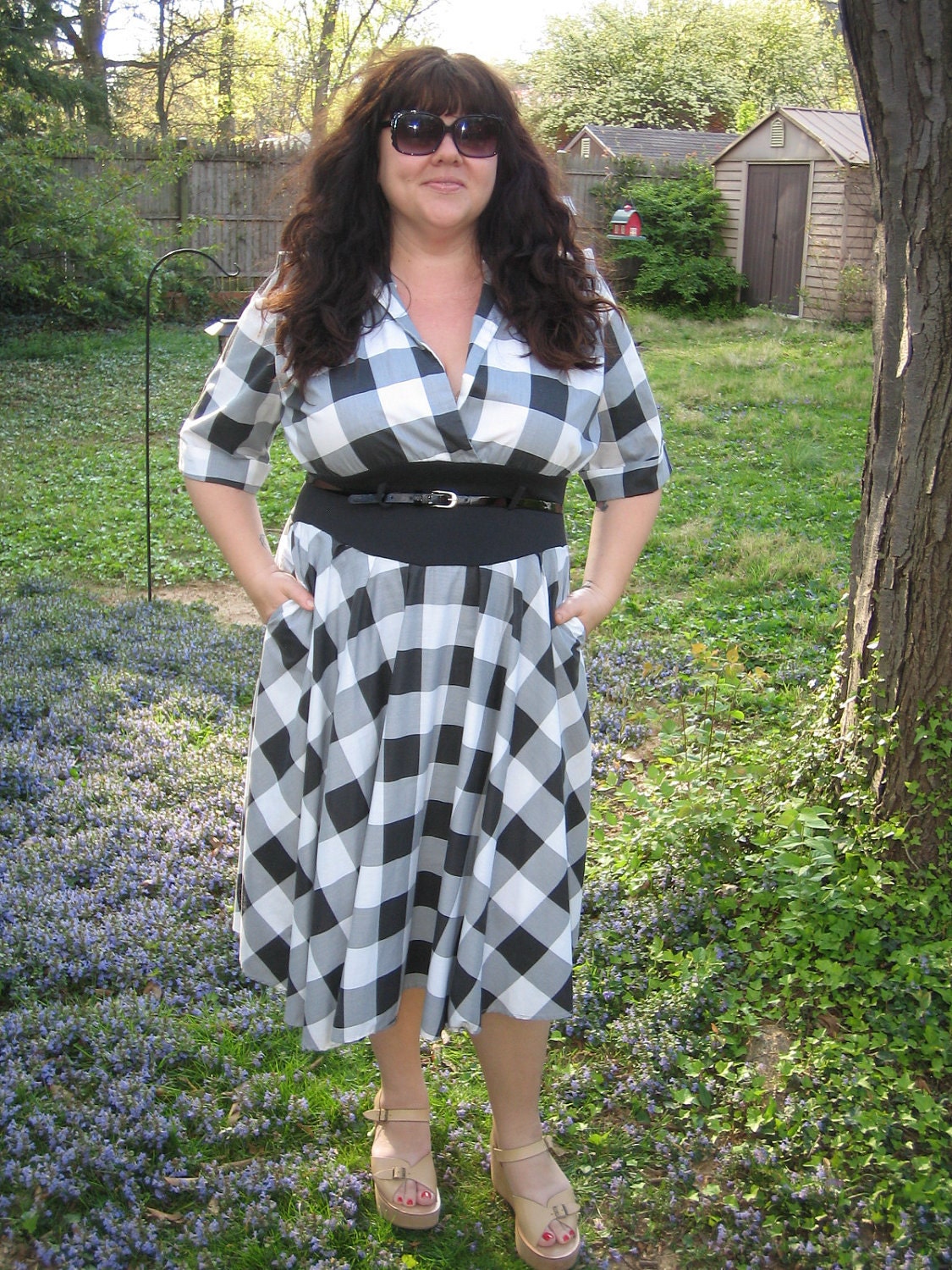80s plus size buffalo plaid dress / 1980s xxl black and white checked dress