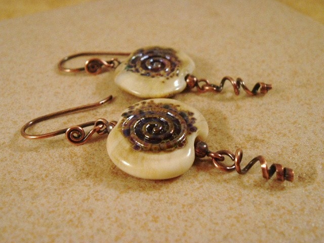 Copper bracelet and earrings set. Earthy. Goddess Spirals. beige and brown