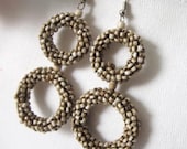 Double beaded hoops GYPSY rustic earrings. Old ivory, bone color. 3 inches long