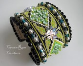 QUEEN of SHEEBA Lime green beaded rich cuff bracelet from CrownRose Couture line. Non-allergic