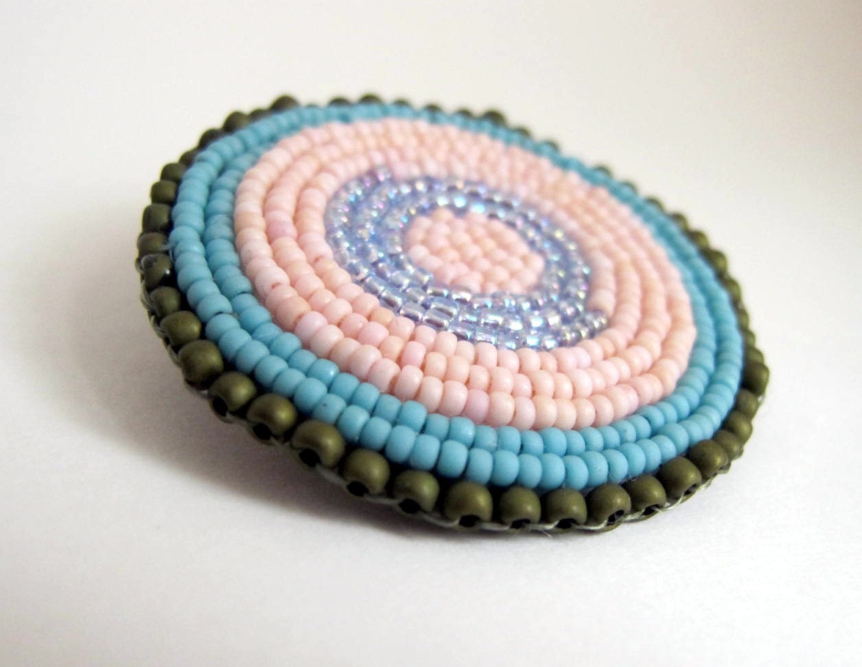 MANDALA BEAD CIRCLE Pin Brooch in turquoise, pink, aqua and olive green beading