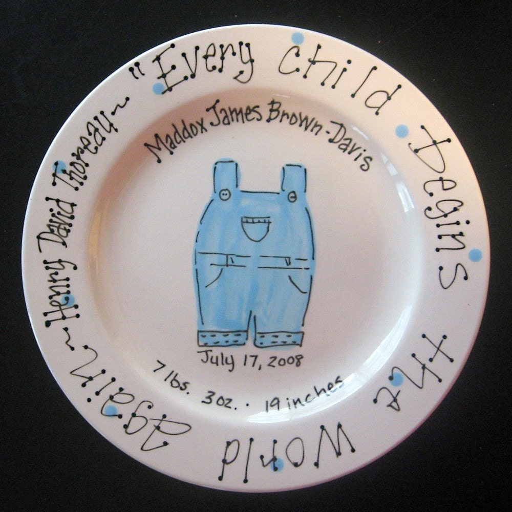 Hand Painted Baby Boy Plate - Sweet Little Overalls