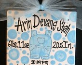 Ceramic Hand Painted Boys Overalls Birth Announcement - Baptism - Child's Birthday Tile 8x8 with Ribbon