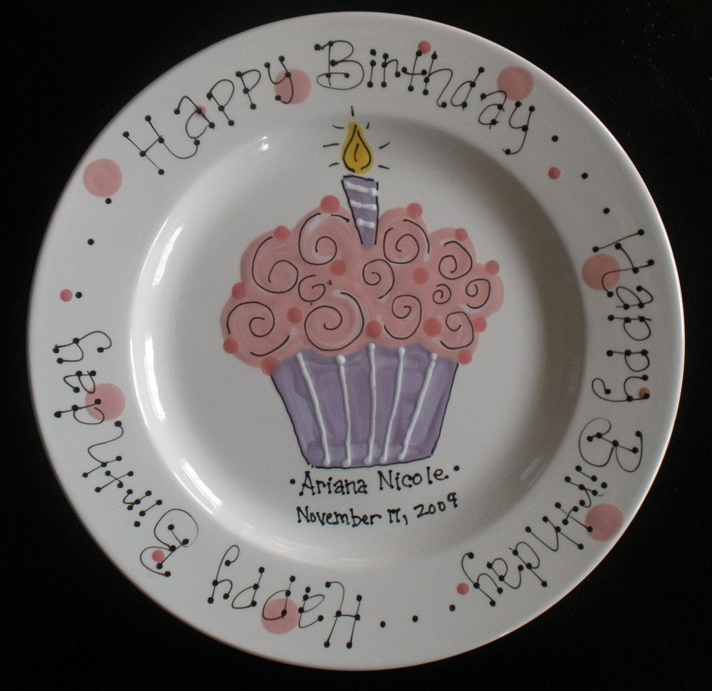 Personalized Birthday Plate - Hand Painted Birthday Plate - Pink and Purple Colorful Cupcake