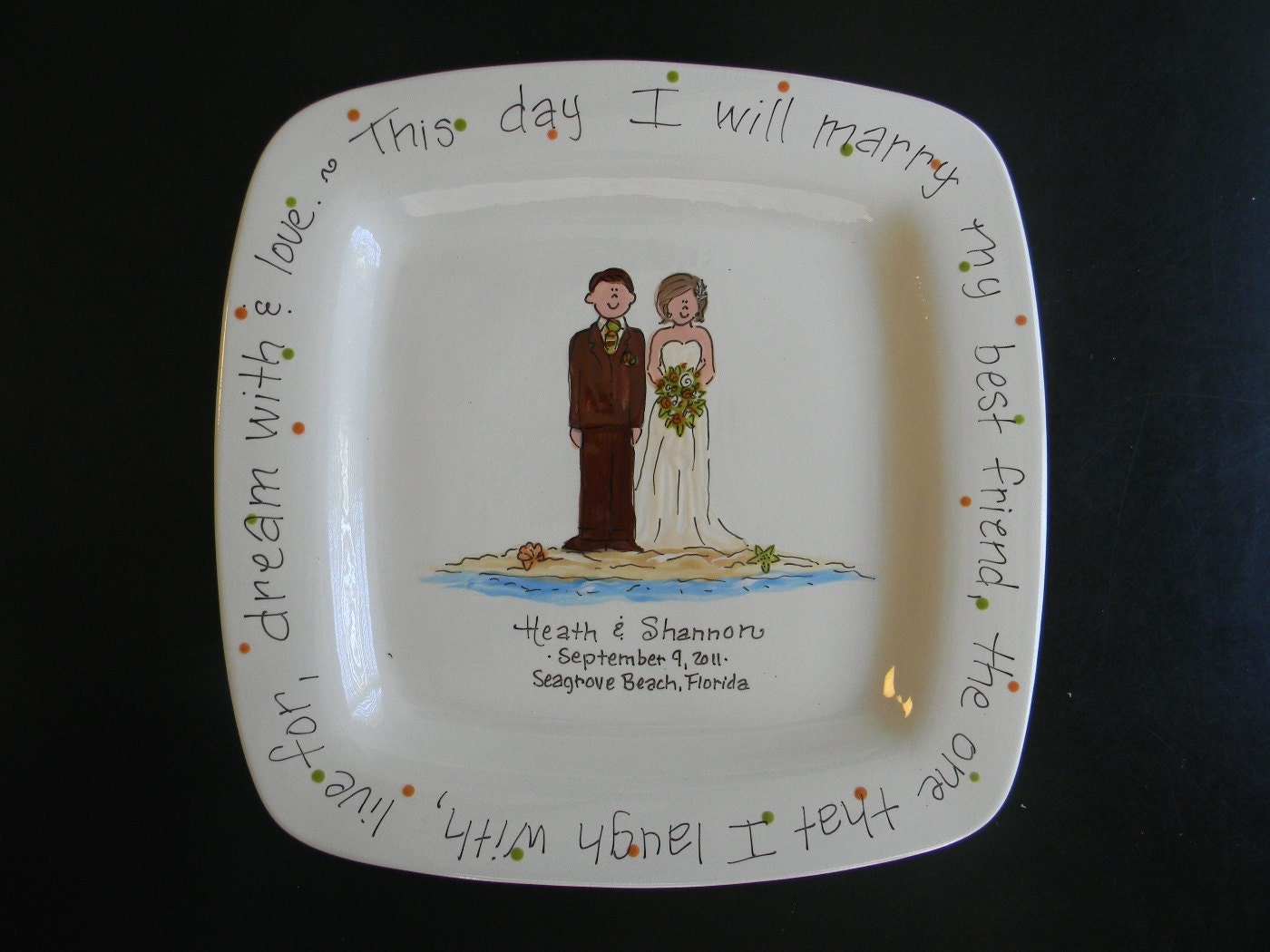 Hand Painted 12" Rimmed Square Ceramic Wedding Platter