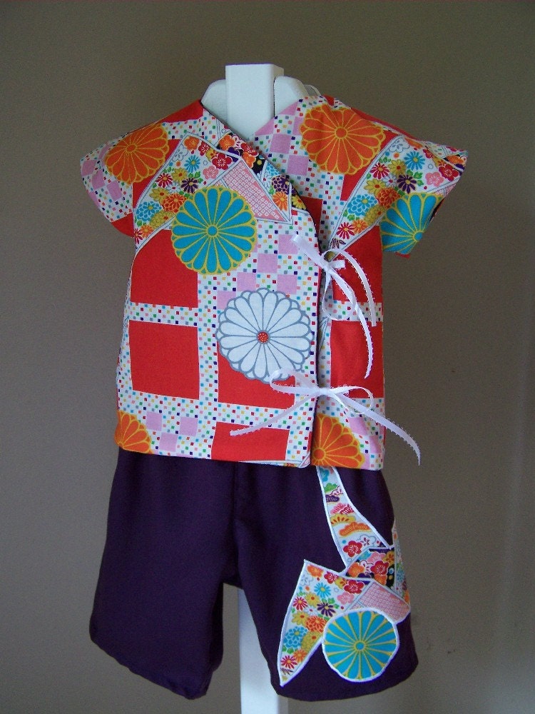 Japanese Kimono Top and Shoes with Appliqued Origami Pants Infant