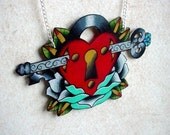 tattoo rose and heart lock with skeleton key necklace with silver plated chain