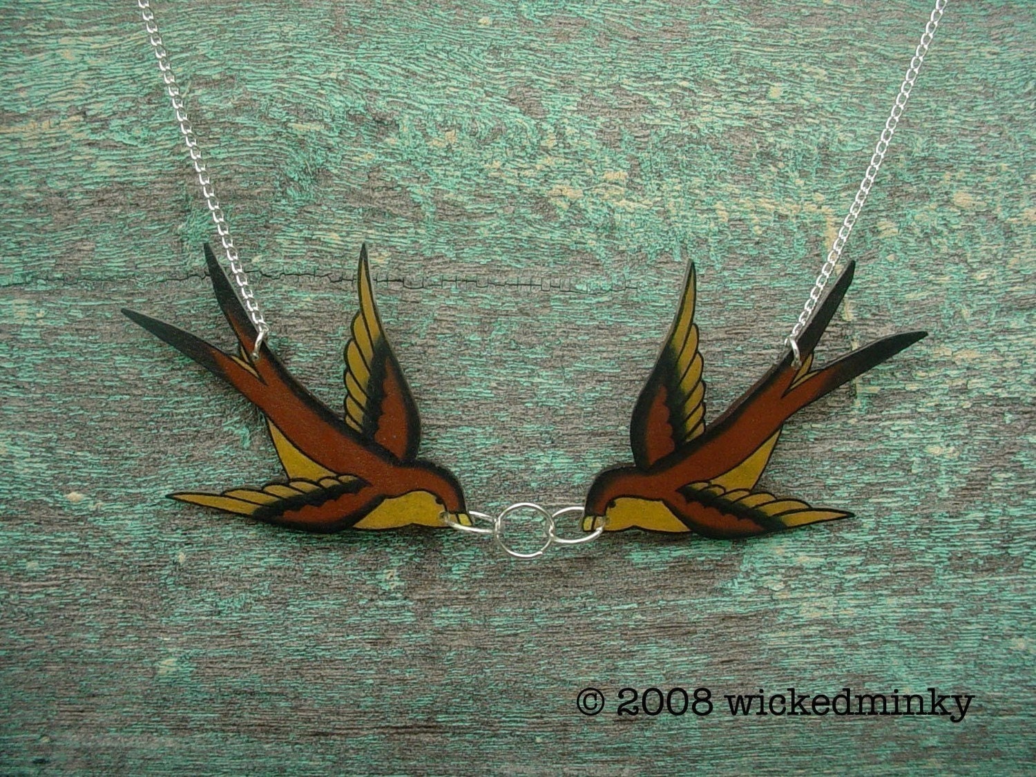 brown and gold earth tones double kissing tattoo inspired sparrows necklace
