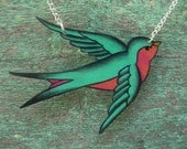 Teal Seafoam Green and hot pink Tattoo Songbird necklace with silver plated chain