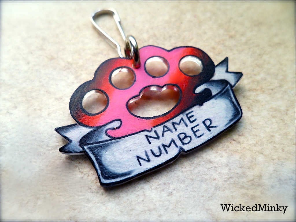 hot pink brass knuckles custom vintage tattoo xs pet dog cat id tag (or necklace)