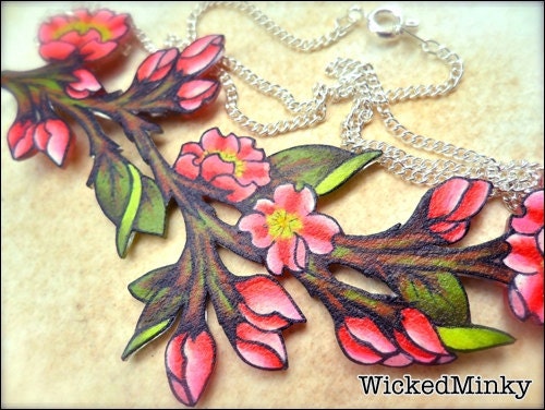 Bright Hot Pink Cherry Blossom Flower and buds Branch Leaves Spring Summer NEW Bridesmaid Gifts Wedding Mothers Jewelry Plum Blossom