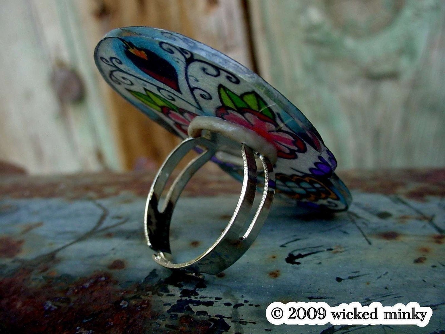sugar skull with sacred heart and flowers tattoo ring (dia de los muertos calavera)