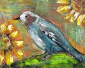 Original Painting Blue Bird and Sunflower Patiently Waiting