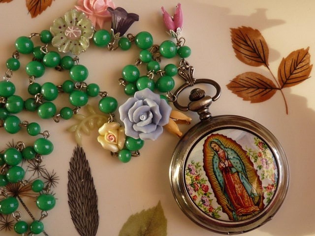 Our Lady of Guadalupe silver tone pocket watch and flower necklace