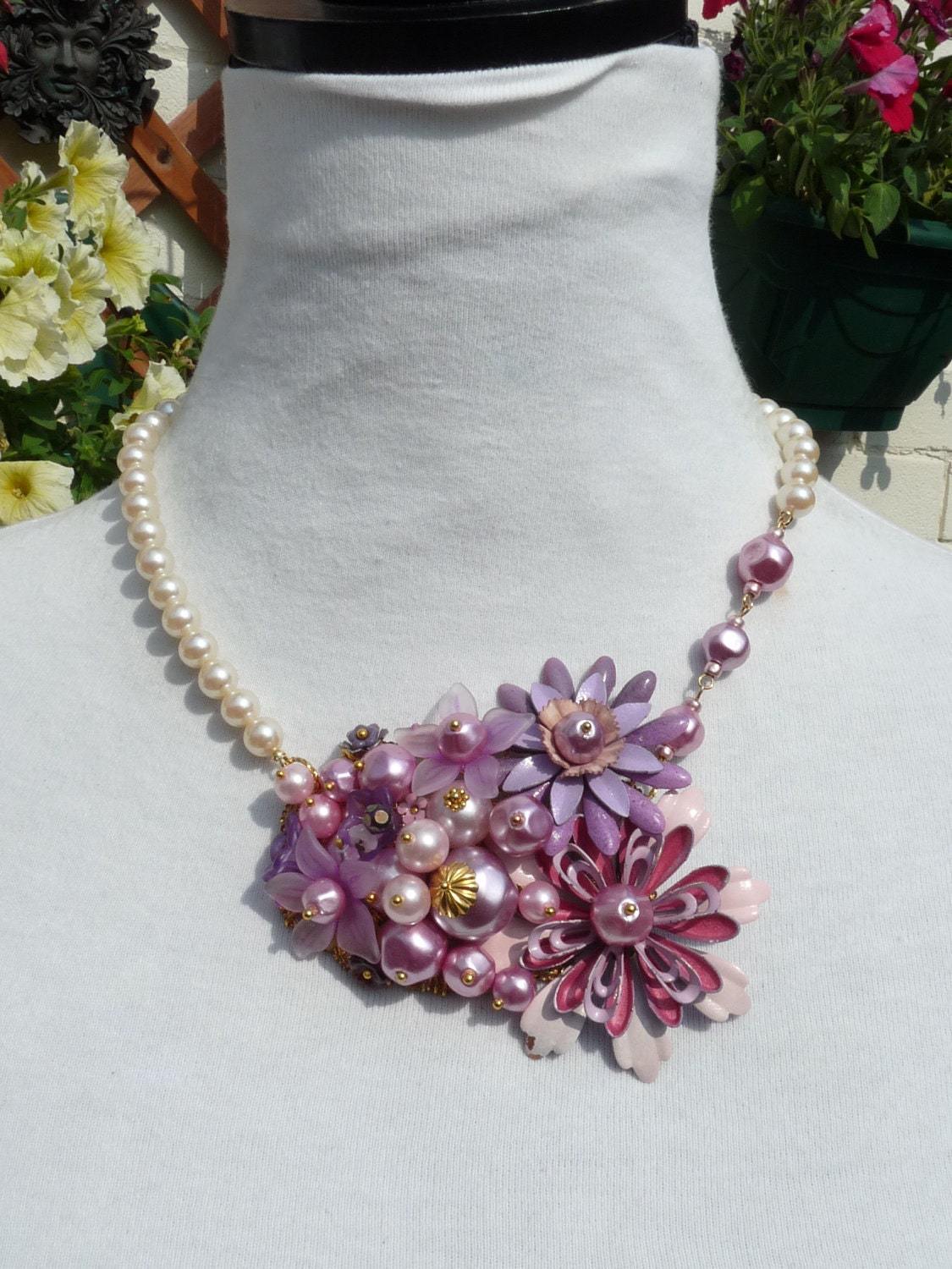 The Day of The Wedding vintage enamel flowers and beads statement necklace