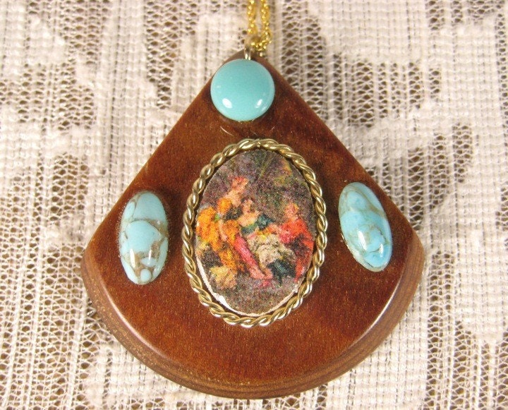 Vintage Homemade Decorated Wooden Pendant Necklace, Turquoise, Bead, Scene, Triangle, Chain, Arts and Crafts