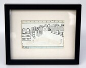 Framed drawing on up-cycled envelope, featuring The Barbican