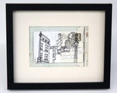 Drawing on up-cycled postcard, featuring the London monument.