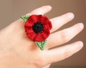 MADE to ORDER - Red Poppy Ring - Flower, fiber, cotton yarn, Crochet, Red, Poppy, Leaves, Adjustable