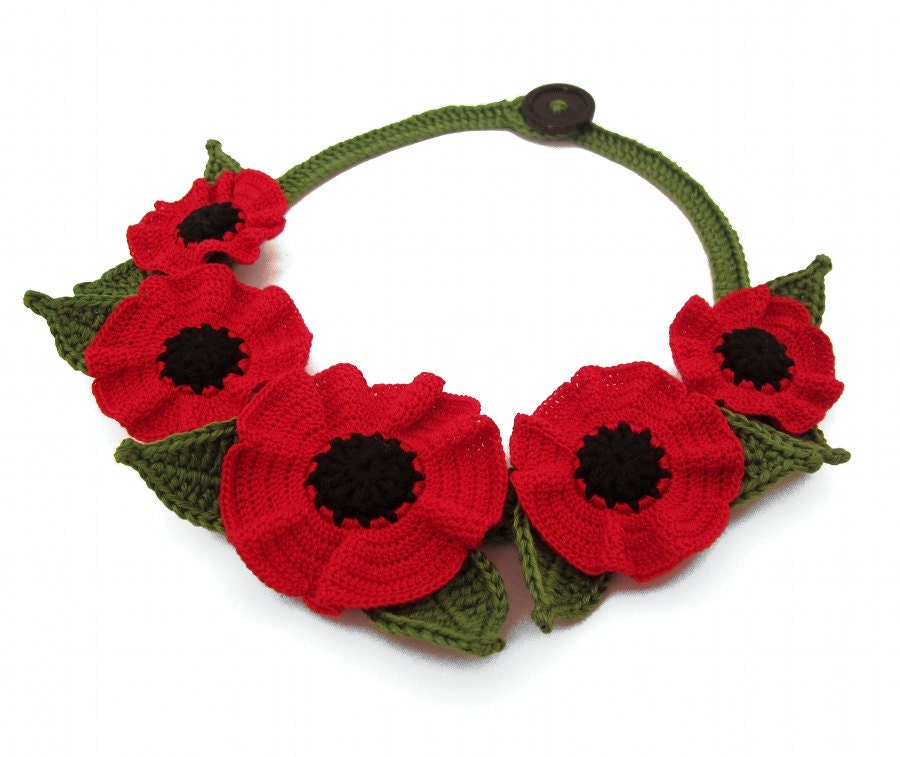 MADE to ORDER - CUSTOMIZABLE - Poppy - Collar, Necklace, Garland, Wreath, Red, Flowers, Crochet, Cotton yarn, Leaves, Romantic, Country