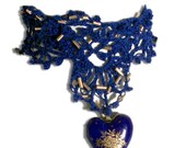 Crocheted Beaded Choker with Heart Pendant Blue and Gold