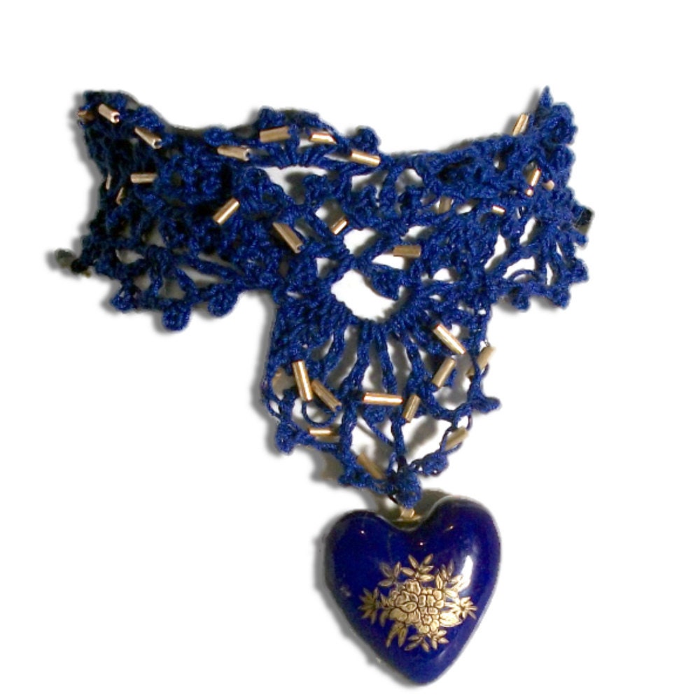 Royal Blue Crocheted Beaded Choker with Heart Pendant