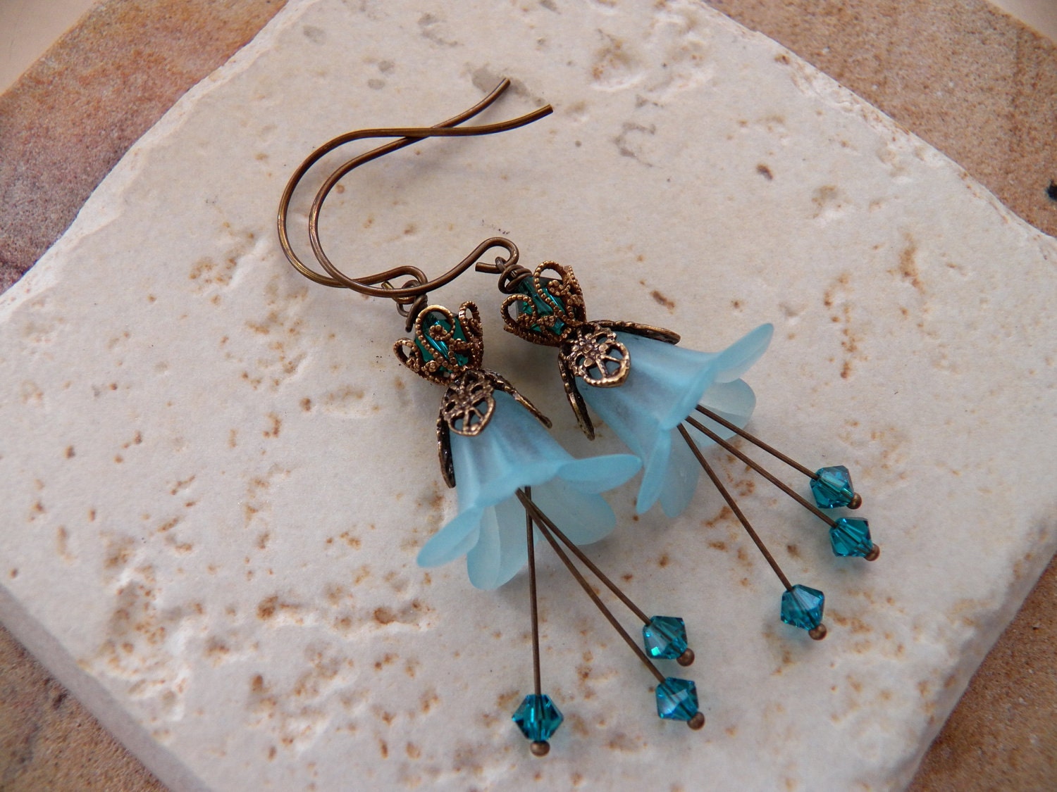 Light Aqua and Teal  Lucite Lily Earrings, Floral Earrings,Gift for Her for Under 25.