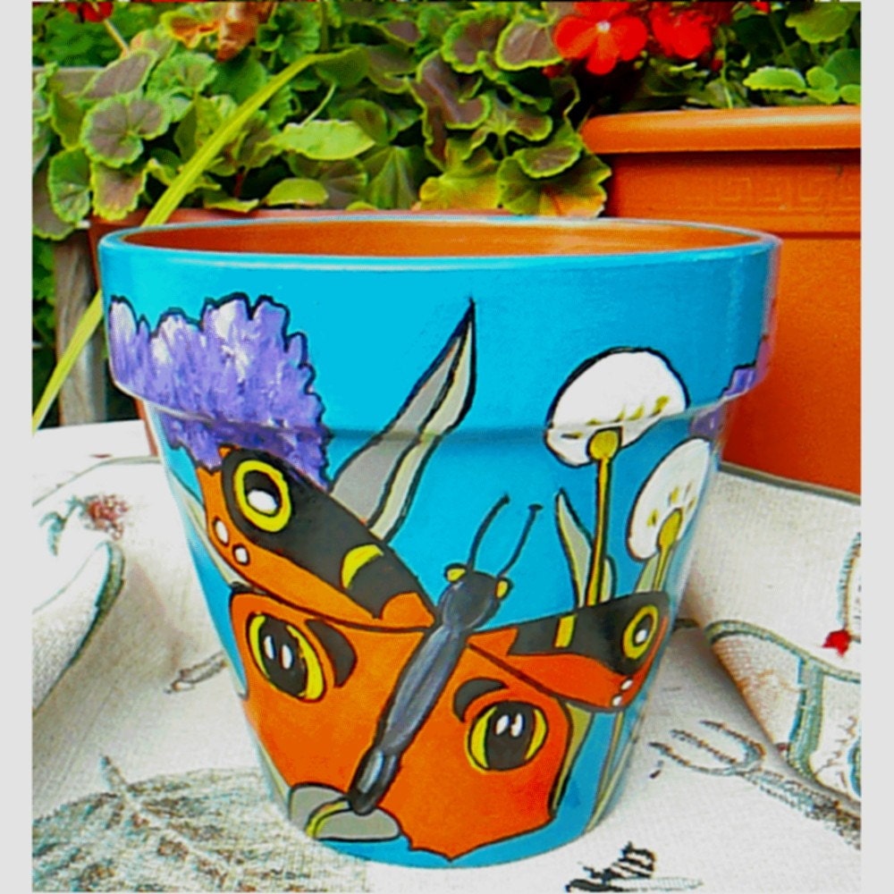Butterfly and Butterfly Bush - 8" Original Hand Painted Flower Pot