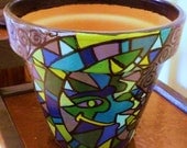 Sun and Moon Painted Mosaic - Original Hand Painted Terracotta Flower Pot - 6 inch