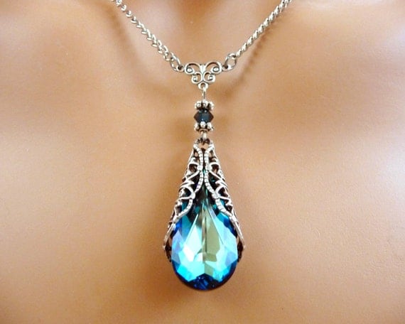 Swarovski Jewelry Necklace Valentine Gift - Blue Crystal Victorian Vintage Style Gift For Her