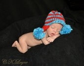 Bright blue and Red stripe ear flap pom pom knit hat-Dr. Seuss Inspired-Newborn to 12 Month sizes-Photography Prop-Made to order