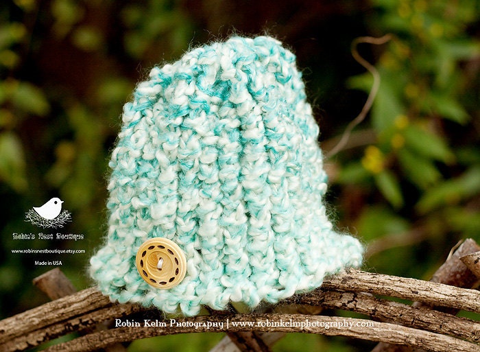 Blue/Cream blend Knit Hat/Beanie with wooden button-Newborn-12 Month sizes-Photography Prop or Spring-Made to order