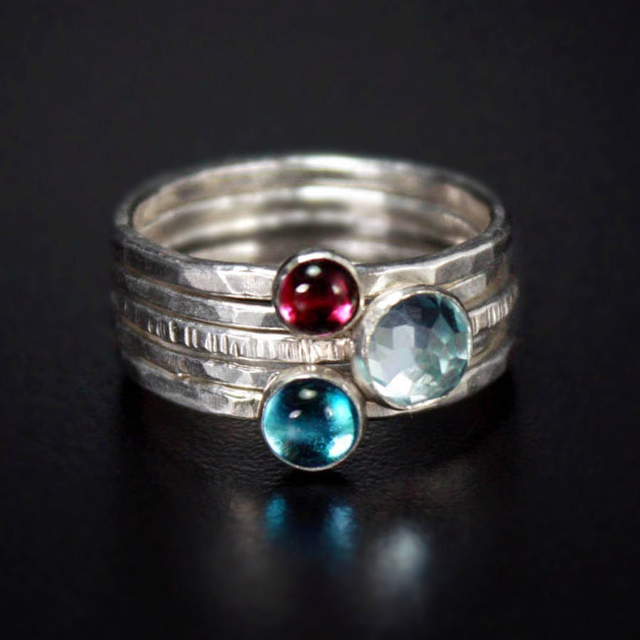 Stacking Silver Rings, Gemstone Rings - Blue Topaz, Pink Garnet Set of 5 - FREE shipping