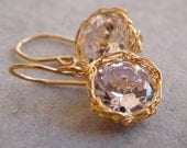 Small Gold Cubic Zirconia Dangle Earrings, Crochet Gold Filled Wire