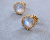 Rainbow Moonstone Earrings, Crochet Gold Wire, Gold Post Earrings