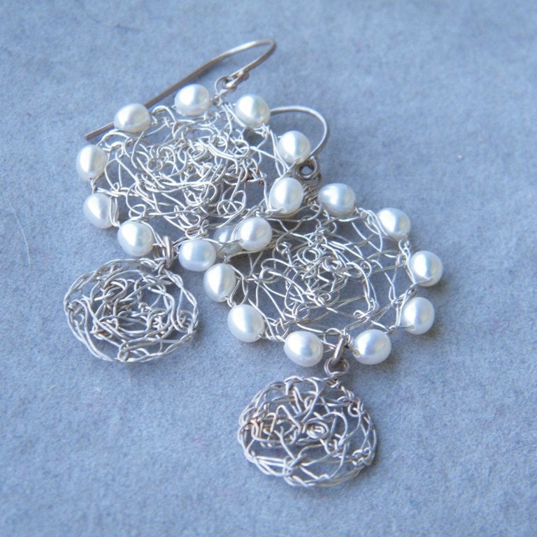 White Pearl Chandelier Earrings, Pearl Bridal Earrings, Sterling Silver Pearl Earrings, Crochet Silver Wire